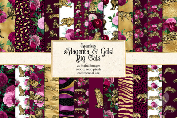 Magenta and Gold Big Cats Digital Paper